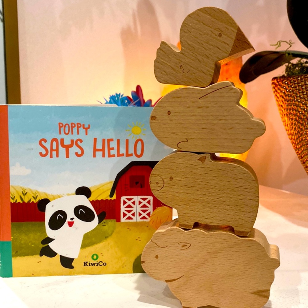 Kiwico poppy says hello book and wooden toys